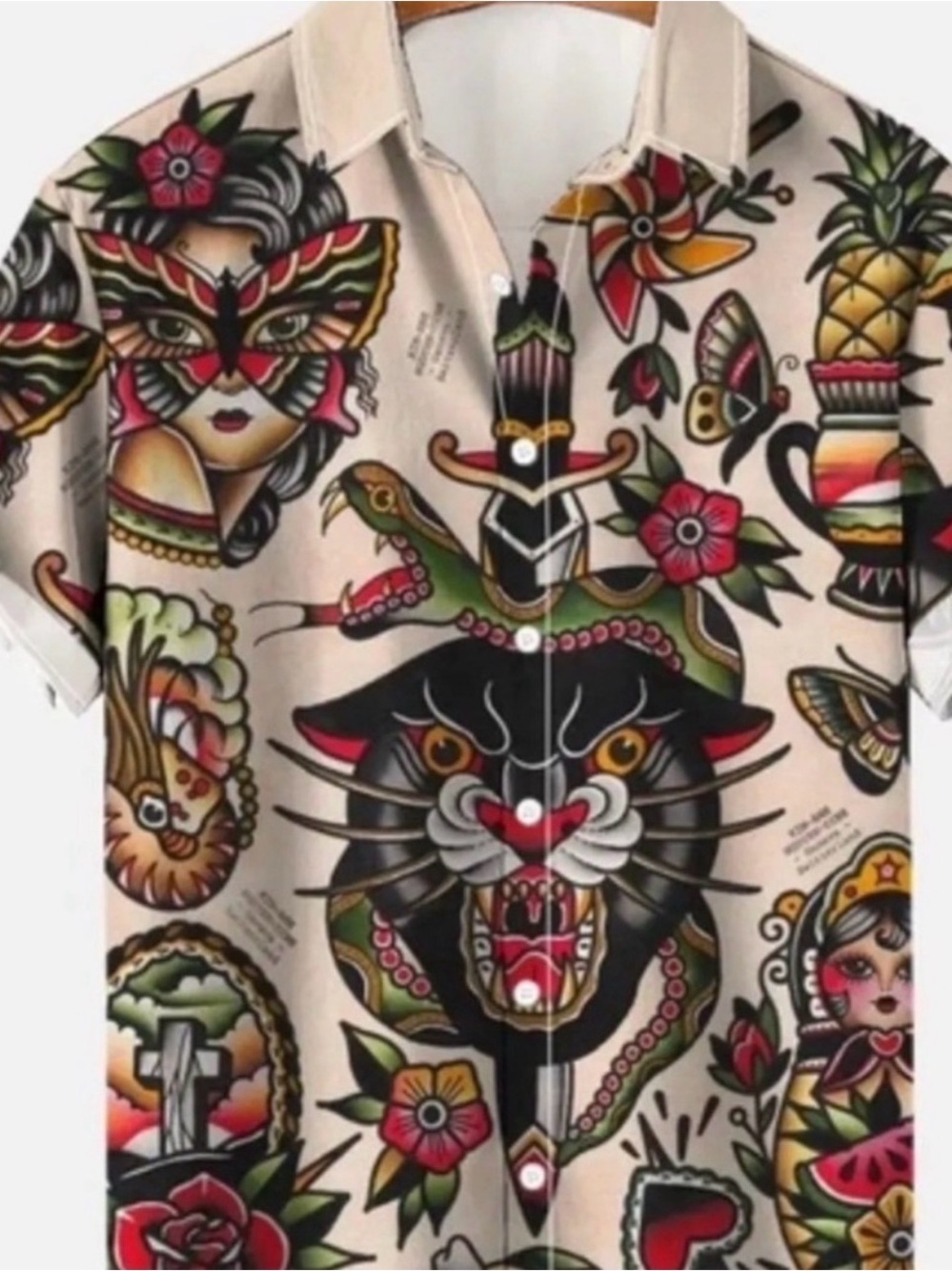 Men's Beige Tattoo-Print Short Sleeve Button-Down Shirt